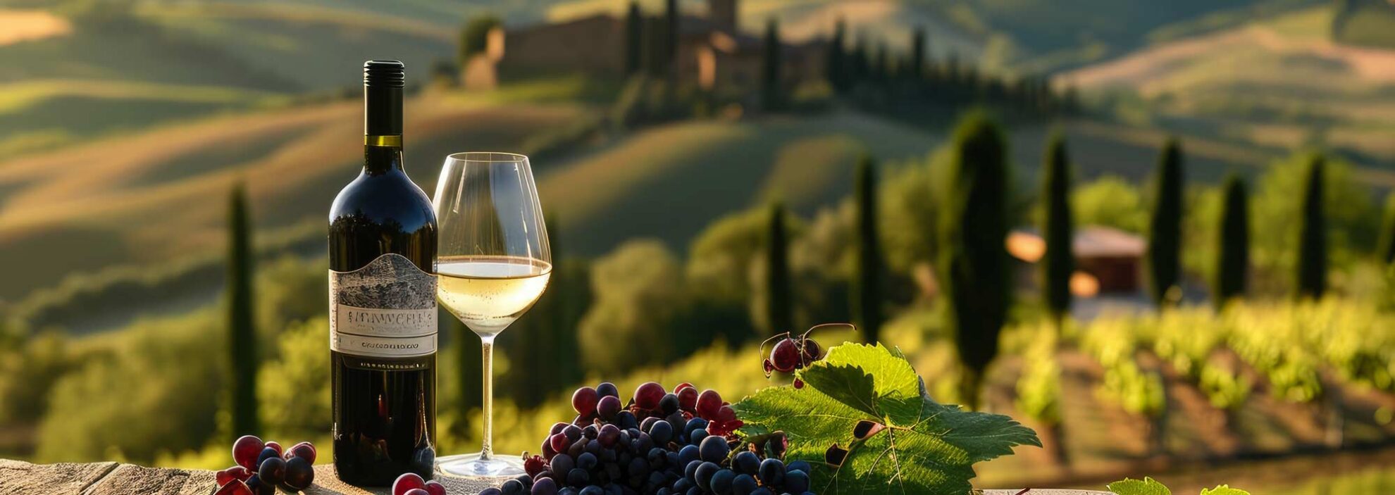 Flasche Wein und Trauben vor einer Landschaft mit Weinreben